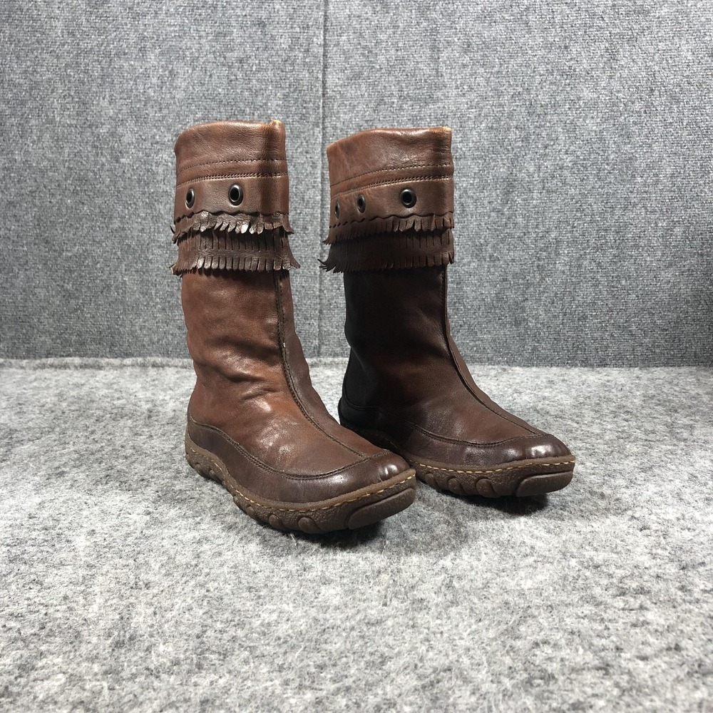 Born Womens 8.5M Brown Leather Fringe‎ Mid Calf Boots Comfort W6212